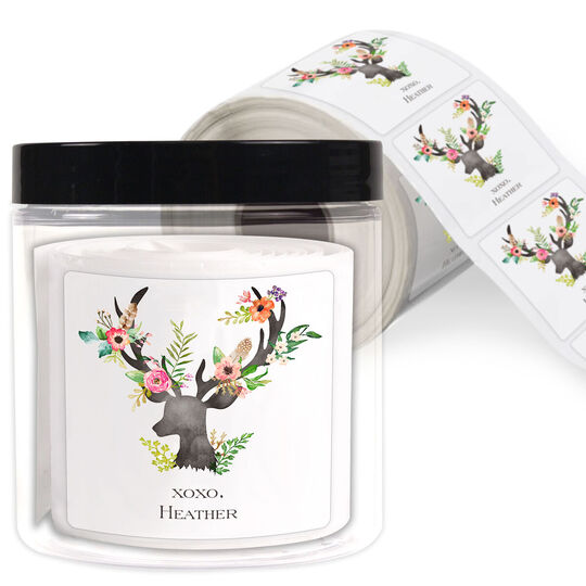 Floral Decorated Deer Square Gift Stickers in a Jar
